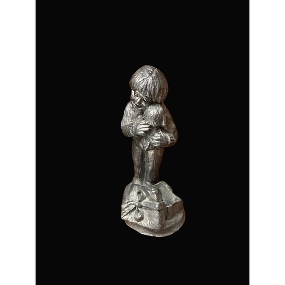 Michael Ricker Pewter Figurine Boy Hugging dog  On Gift Box Cute Collectible - Picture 2 of 6